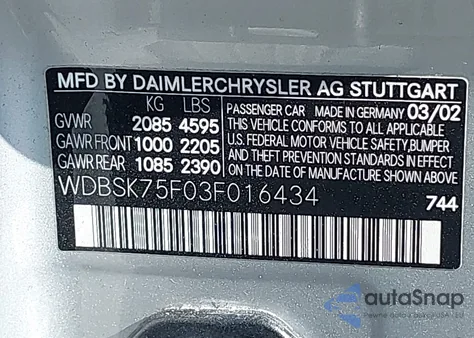 2003 Mercedes-Benz Sl 500 z USA, uszkodzony, nr VIN WDBSK75F03F016434